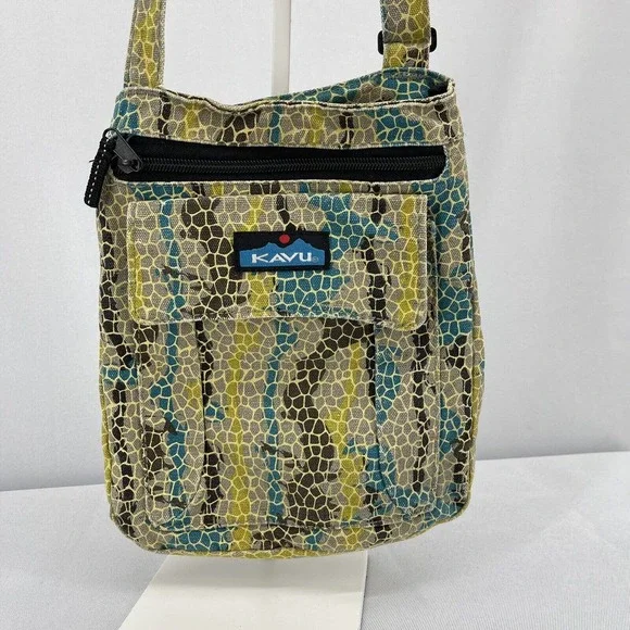 Kavu Canvas Crossbody Purse Snakeskin Pattern Teal Khaki Beige Black Small - Picture 2 of 6